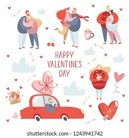 Set of happy couples in love in various poses isolated on white background. Celebrating valentine's day.Vector illustrations.