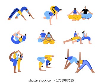 Set Happy Couples Performs Yoga Exercises Stock Vector (Royalty Free ...