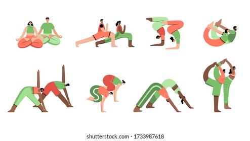 Set of happy couples performs yoga exercises at home or at work. Adult male and female cartoon characters. Flat colorful vector illustration. Healthy lifestyle concept for posters and banners.