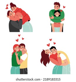 Set of happy couples in romantic relationships. Men and women hugging or cuddling. Colorful flat illustration on a white background.