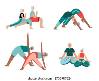 Eine Reihe von glücklichen Seniorenpaaren führt zu Hause Yoga-Übungen durch. Alte oder reife männliche und weibliche Zeichentrickfiguren. Flachfarbige Vektorgrafik. Gesundes Lifestyle Konzept für Plakate und Banner.