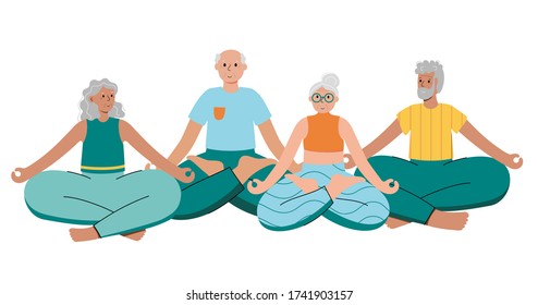 Set of happy couples of seniors performs yoga exercises at home. Lotus pose. Old or mature male and female cartoon characters. Flat colorful vector illustration. Healthy lifestyle concept for posters.
