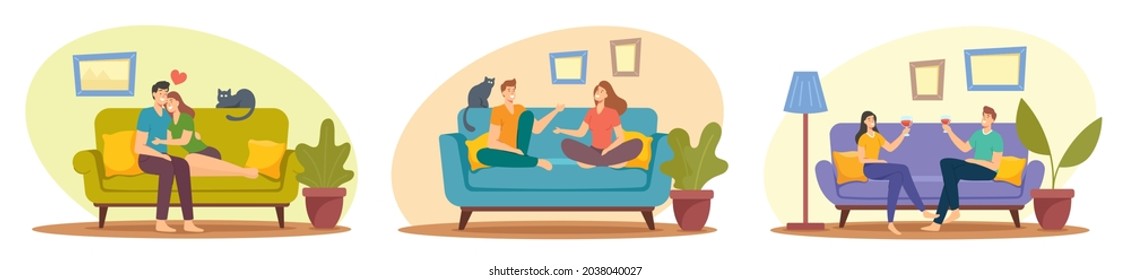 Set Happy Couples Sitting on Sofa at Home, Drinking Wine, Hugging, Chatting. Male and Female Family Characters Leisure, Spare Time, Loving Relations, Togetherness. Cartoon People Vector Illustration