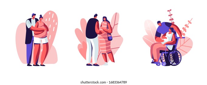 Set of Happy Couples Waiting Baby. Healthy and Disabled Pregnant Female Characters with their Husbands. Girl on Wheelchair. Motherhood, Maternity, Family Relations. Cartoon People Vector Illustration