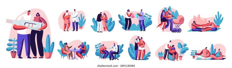 Set of Happy Couples Waiting Baby and Exercising in Gym. Pregnant Female Characters with Husbands Fitness Sports Activity Together. Fitball, Yoga, Relaxing Poses. Cartoon People Vector Illustration