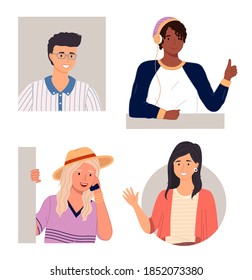 Set of happy curious looking young people peeping from behind the wall or peek out the window. Cute girl in hat and waving hand, smiling african man, young guy in headphones with a fashionable haircut