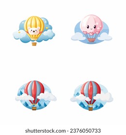 set of happy cute air balloon watercolor illustrations for printing on baby clothes, pattern, sticker, postcards, print, fabric, and books