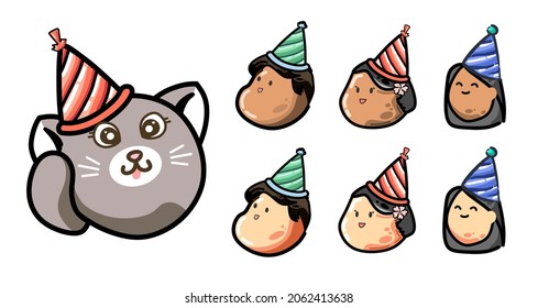 Set of happy cute baby and cat head on birthday party with colorful hat
