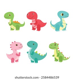 Set of Happy Cute Baby Dino Dinosaur Animal Cartoon Character