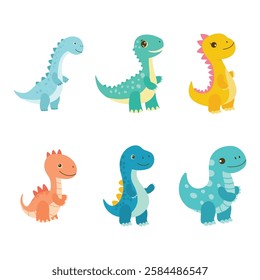 Set of Happy Cute Baby Dino Dinosaur Animal Cartoon Character
