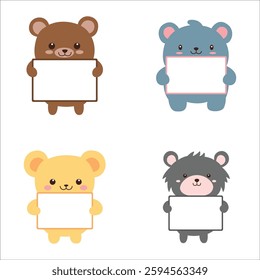 Set of Happy Cute Bear Animal Cartoon Character Holding Empty White Board