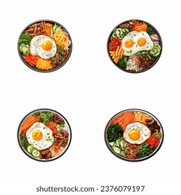 set of happy cute bibimbap watercolor illustrations for printing on baby clothes, pattern, sticker, postcards, print, fabric, and books