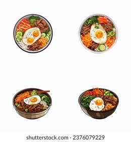 Set von süßen Illustrationen in bibimbap-Aquarellfarben zum Bedrucken von Babybekleidung, Muster, Aufklebern, Postkarten, Drucksachen und Büchern