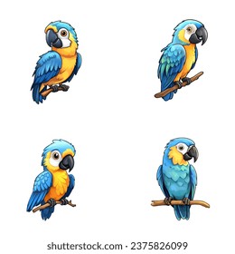 set of happy cute blue and gold macaw watercolor illustrations for printing on baby clothes, pattern, sticker, postcards, print, fabric, and books