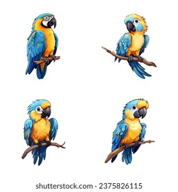 set of happy cute blue and gold macaw watercolor illustrations for printing on baby clothes, pattern, sticker, postcards, print, fabric, and books