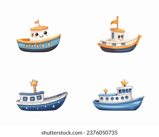 set of happy cute boat watercolor illustrations for printing on baby clothes, pattern, sticker, postcards, print, fabric, and books