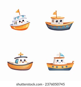 set of happy cute boat watercolor illustrations for printing on baby clothes, pattern, sticker, postcards, print, fabric, and books