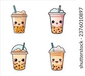 set of happy cute bubble tea watercolor illustrations for printing on baby clothes, pattern, sticker, postcards, print, fabric, and books