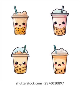 set of happy cute bubble tea watercolor illustrations for printing on baby clothes, pattern, sticker, postcards, print, fabric, and books