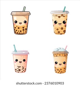 set of happy cute bubble tea watercolor illustrations for printing on baby clothes, pattern, sticker, postcards, print, fabric, and books