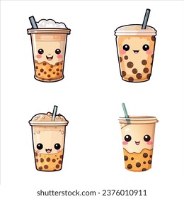 set of happy cute bubble tea watercolor illustrations for printing on baby clothes, pattern, sticker, postcards, print, fabric, and books
