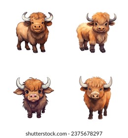 set of happy cute buffalo watercolor illustrations for printing on baby clothes, pattern, sticker, postcards, print, fabric, and books