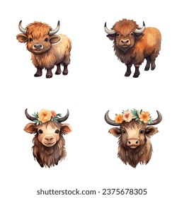 set of happy cute buffalo watercolor illustrations for printing on baby clothes, pattern, sticker, postcards, print, fabric, and books