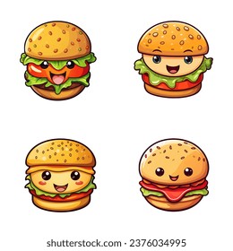 set of happy cute burger watercolor illustrations for printing on baby clothes, pattern, sticker, postcards, print, fabric, and books