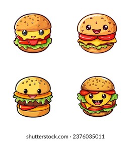 set of happy cute burger watercolor illustrations for printing on baby clothes, pattern, sticker, postcards, print, fabric, and books