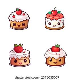 set of happy cute cake watercolor illustrations for printing on baby clothes, pattern, sticker, postcards, print, fabric, and books