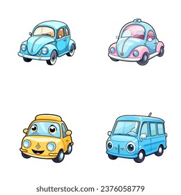 set of happy cute car watercolor illustrations for printing on baby clothes, pattern, sticker, postcards, print, fabric, and books