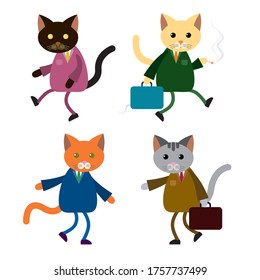 Set of happy cute cartoon colorful business cats in suits