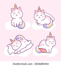 Set of happy cute cats rainbow unicorn cartoon vector illustration