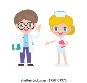 set of happy cute caucasian Doctor and Nurse, International doctor team, Hospital medical staff flat style isolate on white background vector illustration.