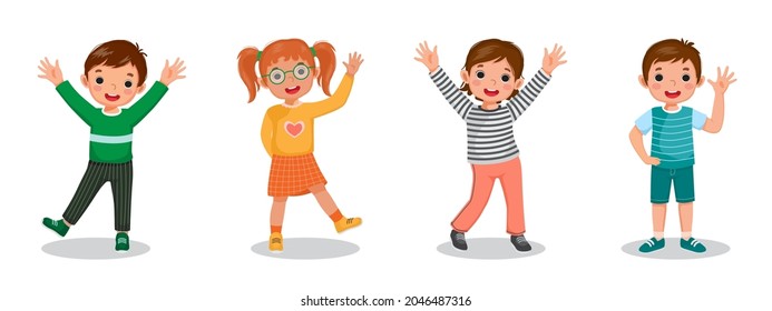 Set of happy cute children, raising and  waving hands greeting in many expressions and poses.  Such as hands on the waist and behind back styles. Group of smiling little boys and girls standing.