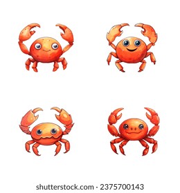 set of happy cute crab watercolor illustrations for printing on baby clothes, pattern, sticker, postcards, print, fabric, and books