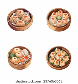 set of happy cute dimsum watercolor illustrations for printing on baby clothes, pattern, sticker, postcards, print, fabric, and books