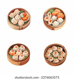 set of happy cute dimsum watercolor illustrations for printing on baby clothes, pattern, sticker, postcards, print, fabric, and books