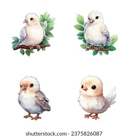 set of happy cute dove watercolor illustrations for printing on baby clothes, pattern, sticker, postcards, print, fabric, and books