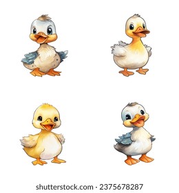set of happy cute duck watercolor illustrations for printing on baby clothes, pattern, sticker, postcards, print, fabric, and books
