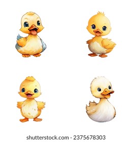 set of happy cute duck watercolor illustrations for printing on baby clothes, pattern, sticker, postcards, print, fabric, and books