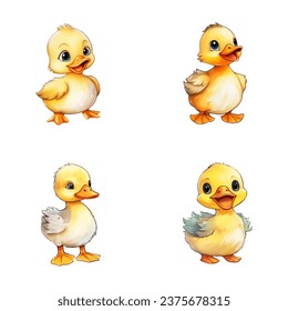 set of happy cute duck watercolor illustrations for printing on baby clothes, pattern, sticker, postcards, print, fabric, and books