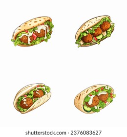 set of happy cute falafel watercolor illustrations for printing on baby clothes, pattern, sticker, postcards, print, fabric, and books