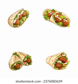 set of happy cute falafel watercolor illustrations for printing on baby clothes, pattern, sticker, postcards, print, fabric, and books