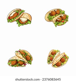 set of happy cute falafel watercolor illustrations for printing on baby clothes, pattern, sticker, postcards, print, fabric, and books