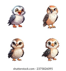 set of happy cute falcon watercolor illustrations for printing on baby clothes, pattern, sticker, postcards, print, fabric, and books