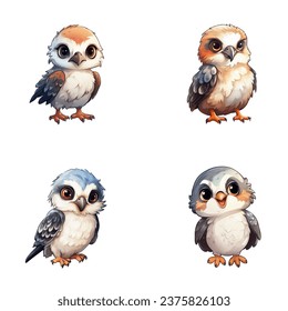 set of happy cute falcon watercolor illustrations for printing on baby clothes, pattern, sticker, postcards, print, fabric, and books