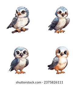 set of happy cute falcon watercolor illustrations for printing on baby clothes, pattern, sticker, postcards, print, fabric, and books