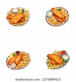 set of happy cute fish and chips watercolor illustrations for printing on baby clothes, pattern, sticker, postcards, print, fabric, and books