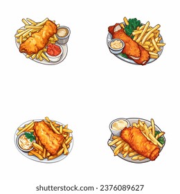 set of happy cute fish and chips watercolor illustrations for printing on baby clothes, pattern, sticker, postcards, print, fabric, and books